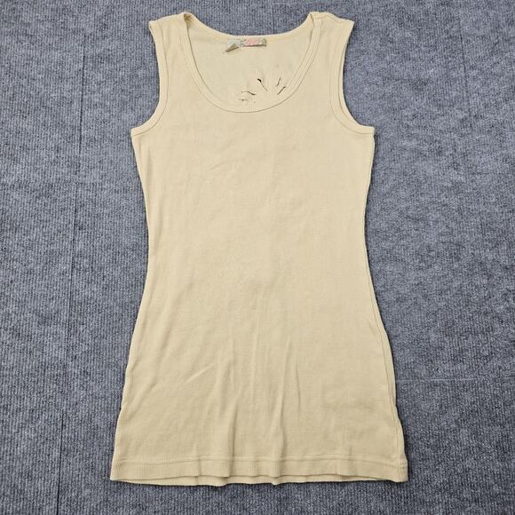Y2K Princy Tank Top Womens Medium Beige Ribbed Longline Floral Embroidered Boho - Picture 3 of 6
